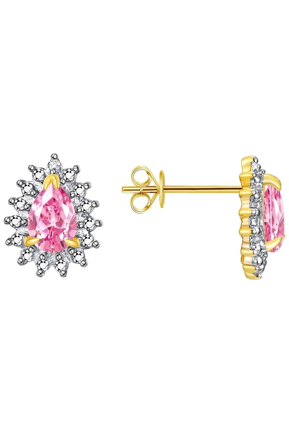 Yellow Gold Plated Silver Halo Stud Earrings - 6X4MM Pear Shape Pink Ice & Sparkling Diamonds -  Exquisite Birthstone Jewelry