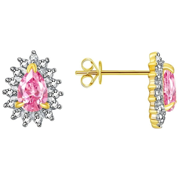 Rylos Yellow Gold Plated Silver Halo Stud Earrings - 6X4MM Pear Shape Pink Ice & Sparkling Diamonds - Exquisite Birthstone Jewelry