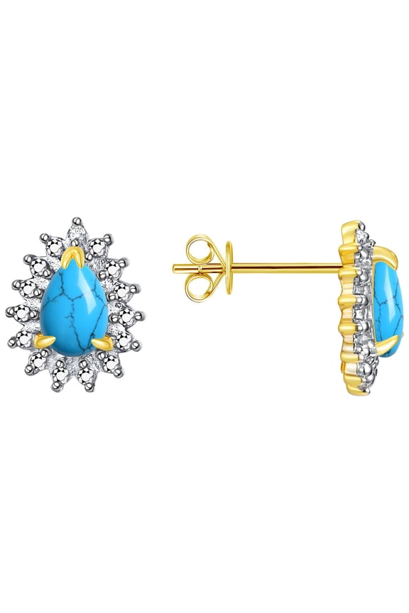 Yellow Gold Plated Silver Halo Stud Earrings - 6X4MM Pear Shape Turquoise & Sparkling Diamonds - Exquisite Birthstone Jewelry