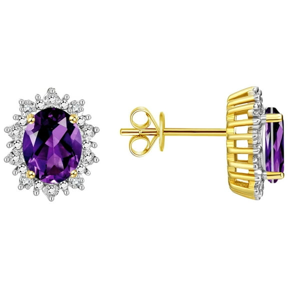 Rylos Yellow Gold Plated Silver Princess Diana Inspired Earrings - 8X6MM Oval Amethyst & Sparkling Diamonds - Exquisite Birthstone Jewelry for Women