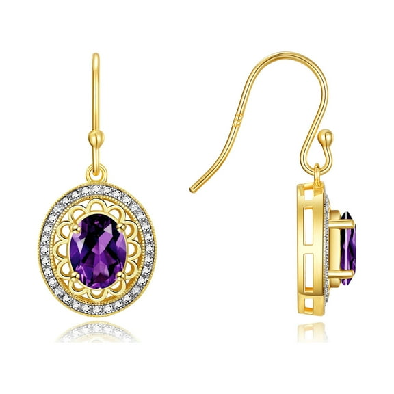 Rylos Yellow Gold Plated Silver Princess Diana Inspired Earrings - 8X6MM Oval Amethyst & Sparkling Diamonds - Exquisite Birthstone Jewelry