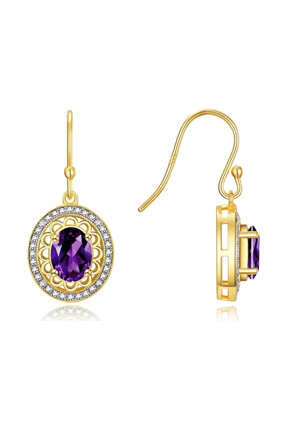 Yellow Gold Plated Silver Princess Diana Inspired Earrings - 8X6MM Oval Amethyst & Sparkling Diamonds - Exquisite Birthstone Jewelry
