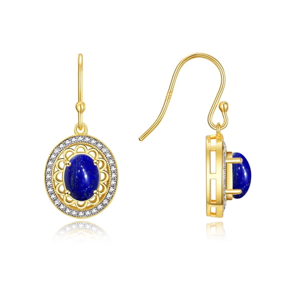 Rylos Yellow Gold Plated Silver Princess Diana Inspired Earrings - 8X6MM Oval Lapis & Sparkling Diamonds - Exquisite Birthstone Jewelry