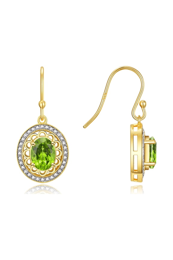 Yellow Gold Plated Silver Princess Diana Inspired Earrings - 8X6MM Oval Peridot & Sparkling Diamonds - Exquisite Birthstone Jewelry