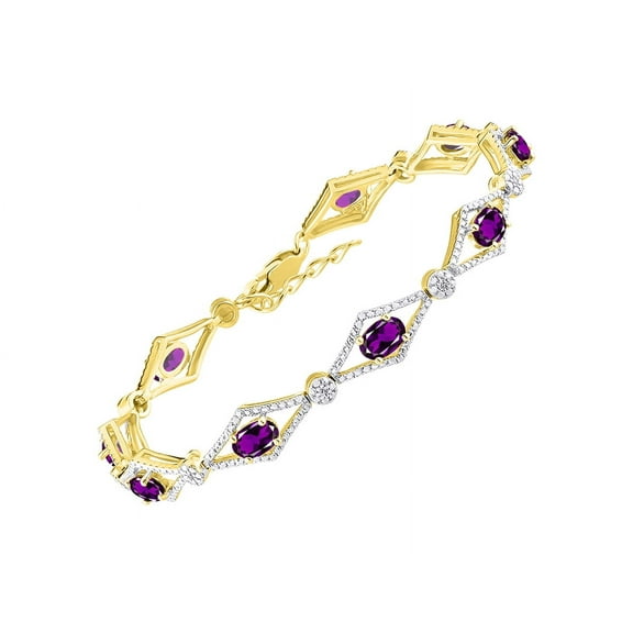 Rylos Yellow Gold Plated Silver Tennis Bracelet with 9 Beautiful 6X4MM Amethyst & Sparkling Diamonds - Birthstone Jewelry for Women - Adjustable to 7-8" - Friendship and Elegance in One