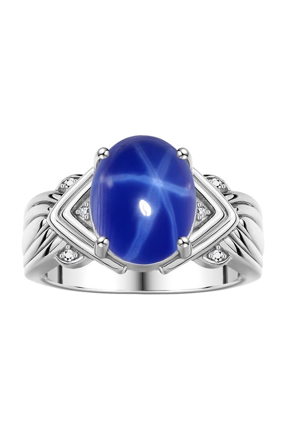 Rings for Women 14K White Gold Ring 12X10MM Gemstone & Diamonds Great Ring for Middle or Pointer Finger Blue Star Sapphire Jewelry Size 9