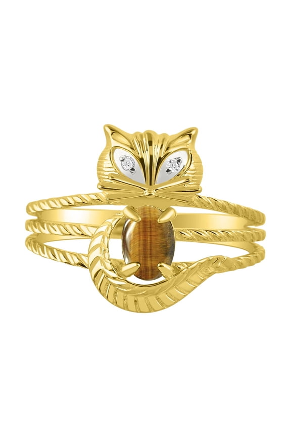 Rings for Women 14K Yellow Gold CAT Ring Oval 7X5MM Gemstone &  Sparkling Diamonds November Tiger Eye Jewelry Size 6