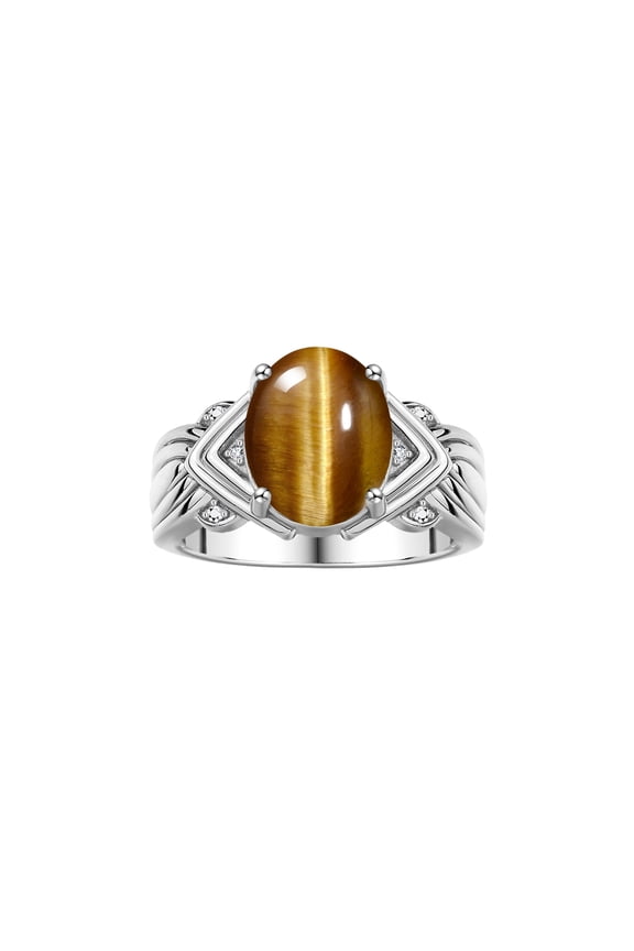 Rings for Women Sterling Silver Ring 12X10MM Gemstone & Diamonds Great Ring for Middle or Pointer Finger Tiger Eye Jewelry Size 13