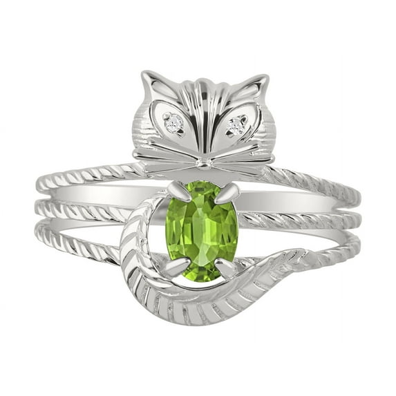 RYLOS Rings for Women 14K White Gold CAT Ring Oval 7X5MM Gemstone & Sparkling Diamonds August Peridot Jewelry Size 7