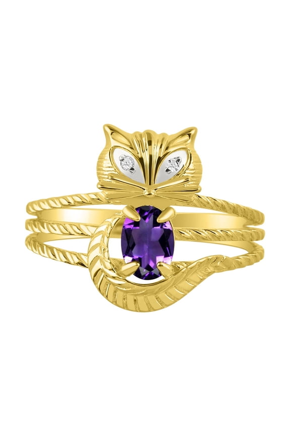 Rings for Women 14K Yellow Gold CAT Ring Oval 7X5MM Gemstone &  Sparkling Diamonds February Amethyst Jewelry Size 13