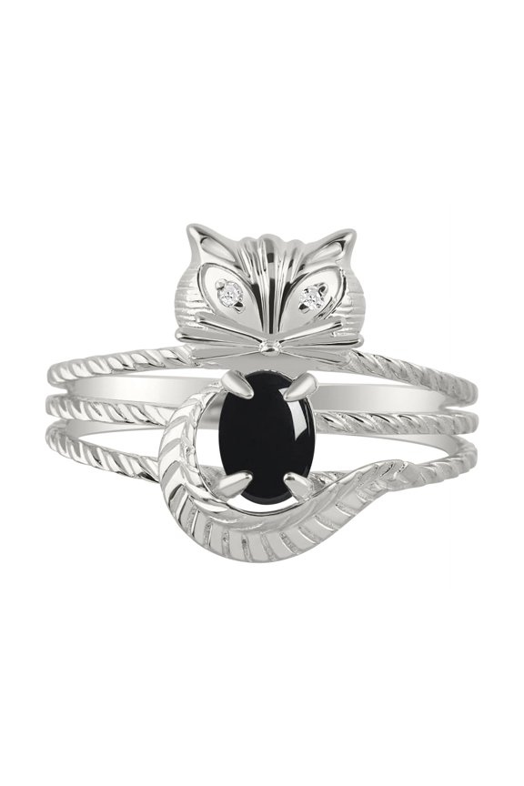Rings for Women 14K White Gold CAT Ring Oval 7X5MM Gemstone &  Sparkling Diamonds October Cabochon Onyx Jewelry Size 5