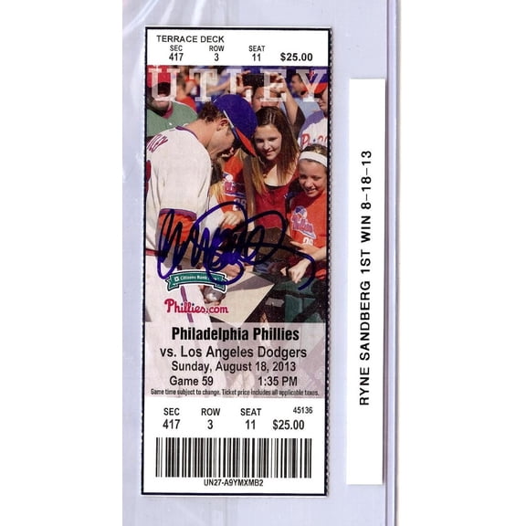 Ryne Sandberg Signed Autographed Ticket Phillies 1st MGR Win 8/18/13 JSA CA09613