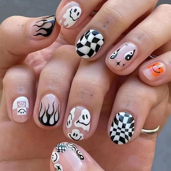 Rynn&Rae Halloween Press on Nails Tips Full Cover False Fake French Black White Orange Yellow Short Medium Uñas Postizas 24 ct/pk W151