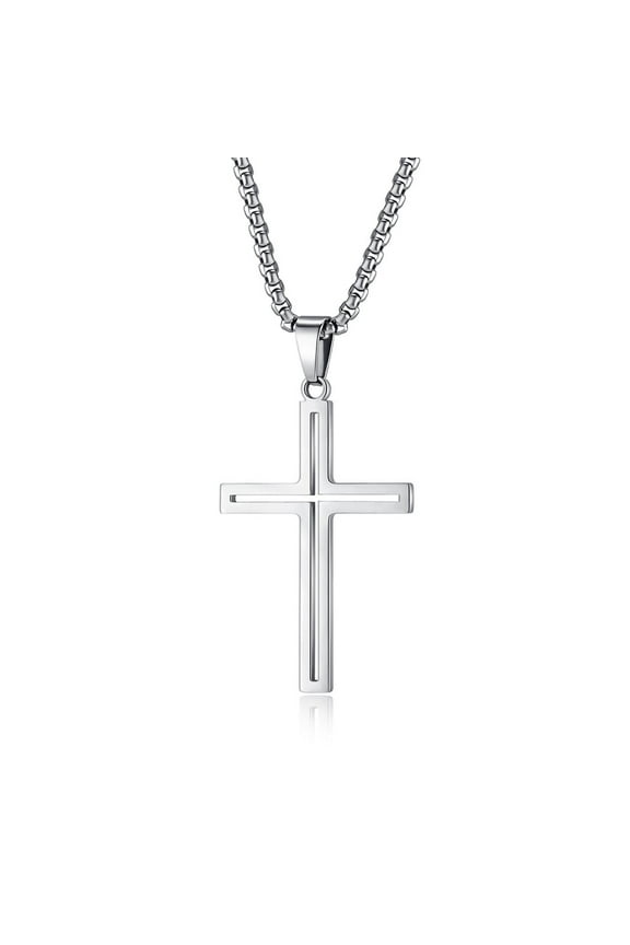 Cross Necklace for Men, Sterling Silver Hollow Out Cross Pendant with 24 Inch Stainless Box Chain, Faith Jewelry Gifts for Men Father Uncle Son