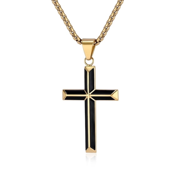 Rynsito Cross Necklace for Men, Beveled Edge Cross Necklace Silver Crucifix Pendant with Stainless Steel Chain, 24"