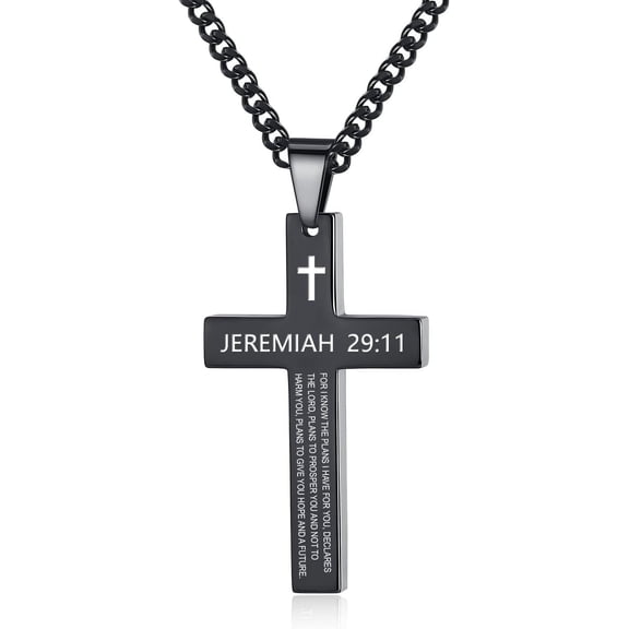 Rynsito Inspirational Bible Verse Cross Necklace for Men Son, Stainless Steel Plain Black Silver Cross Pendant Necklace for Men 20-24 Inches Curb Chain Faith Jewelry Gift