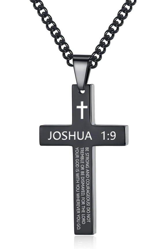 Inspirational Bible Verse Cross Necklace for Men, Stainless Steel Plain Black Silver Cross Pendant Necklace for Men 24 Inches Curb Chain Faith Jewelry Gift