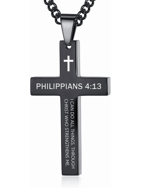 Inspirational Bible Verse Cross Necklace for Men, Stainless Steel Plain Black Silver Cross Pendant Necklace for Men 24 Inches Curb Chain Faith Jewelry Gift