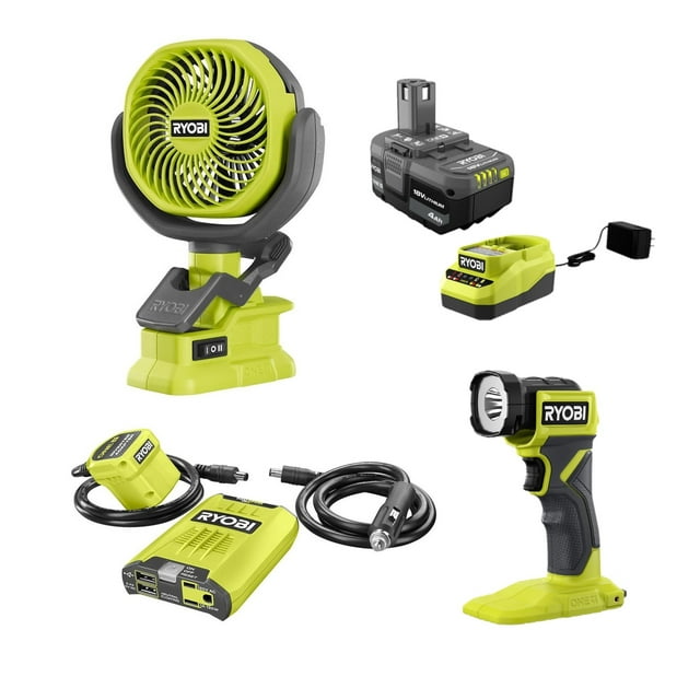 Ryobi 18Volt Camping Kit with Clamp Fan, Flashlight, Inverter, (1