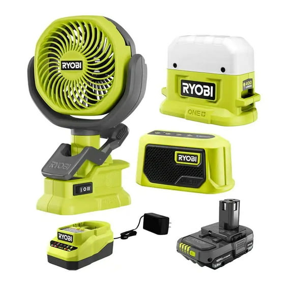 Ryobi 18V Compact Camper's Kit - Light, Speaker, Fan, Battery, Charger
