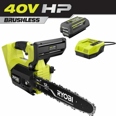Ryobi 40V HP 12" Battery Powered Chainsaw, 4X Faster Cutting Unique Top Handle Design