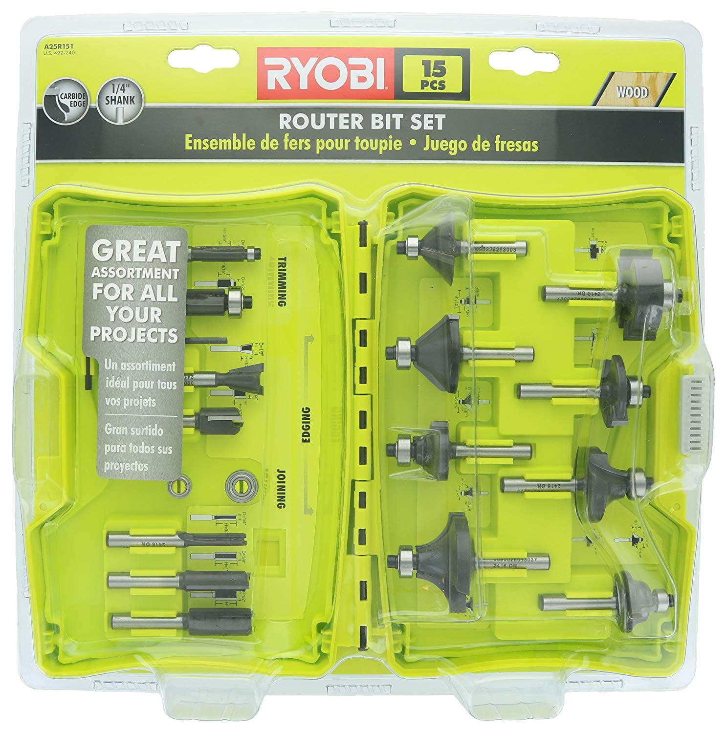 Ryobi A25R151 15 Piece 1/4 Inch Shank Carbide Edge Router Bit Set
