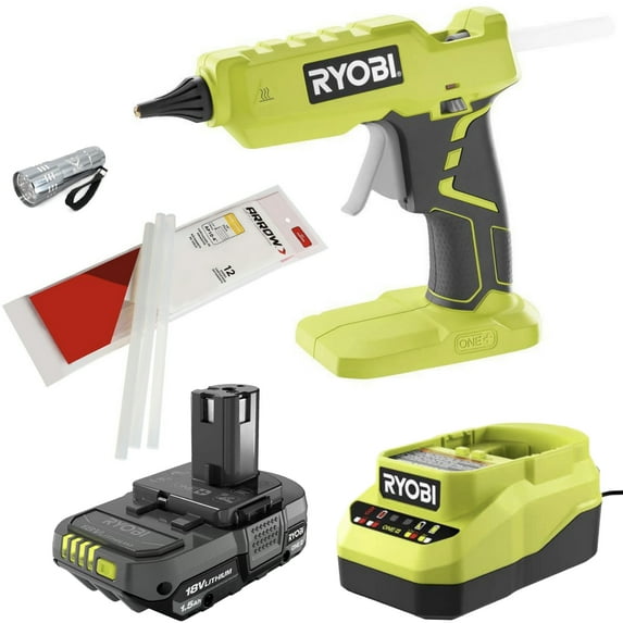 Ryobi Cordless Full Size Glue Gun Bundle with 18-Volt Lithium-ion 1.5 Ah Battery, 18-Volt Charger, Buho Pocket Flashlight and Arrow (12 Pack) 1/2 Inch Glue Sticks