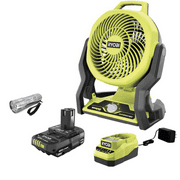Ryobi Fan Bundle, 18V Cordless Hybrid WHISPER SERIES 7-1/2 in. Fan with 2.0 Ah Battery, Charger and Buho Flashlight