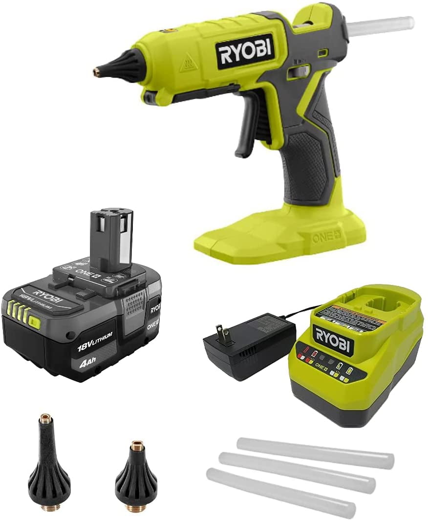 Ryobi Glue Gun Kit P307 One+ 18V Cordless Dual Temperature with 4.0 Ah Lithium-Ion Battery + Charger + Bonus Nozzles, Size: 2 in