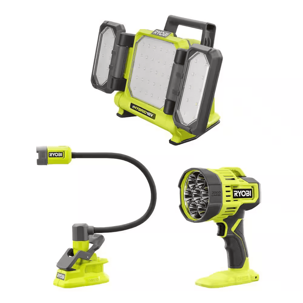 Ryobi ONE+ 18V 3-Light Kit - Hybrid Panel, Spotlight, Flexible