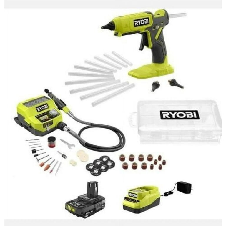 Ryobi ONE+ 18V Cordless 2- Tool Combo Kit with Rotary Tool Station, Dual  Temperature Glue Gun, 2.0 Ah Battery and Charger 