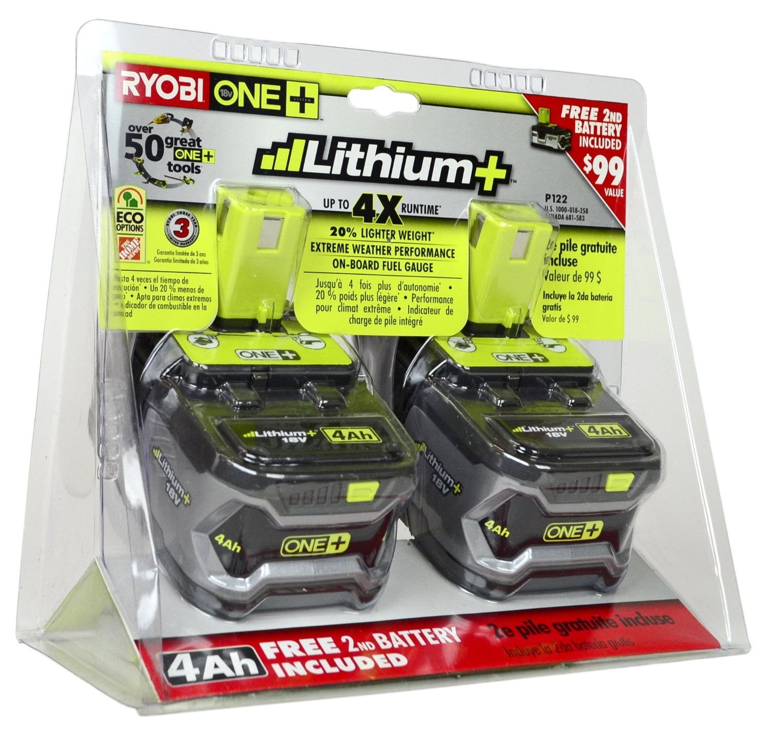 Ryobi P122 4Ah Power Tool Battery, 2 Pack