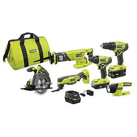 RYOBI P1819 18V One+ Lithium Ion Combo Kit (6 Tools: Drill/Driver, Impact Driver, Reciprocating Saw, Circular Saw, Multi-Tool, LED Worklight, 4.0 Ah & 1.5 Ah Battery, Charger, Bag)