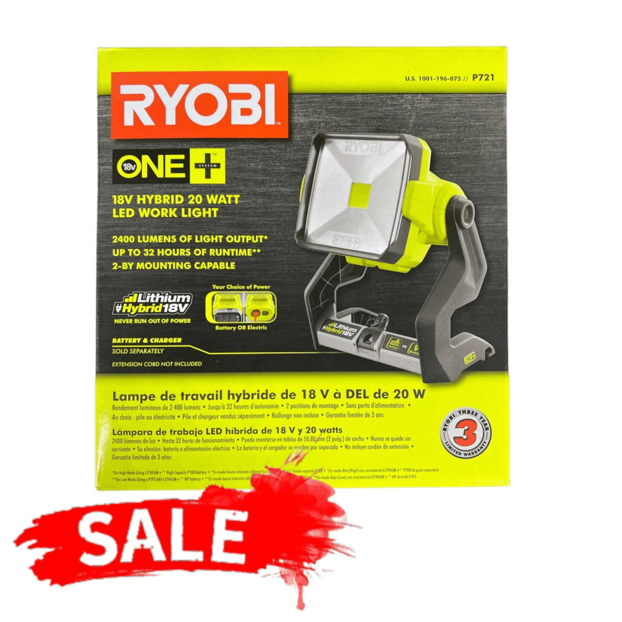 Ryobi P721 One+ 1800 Lumen 18V Hybrid AC and Lithium Ion Powered Flat  Standing LED Work Light with Onboard Mounting Options (Battery and Extension  Cord Not Included Light Only)