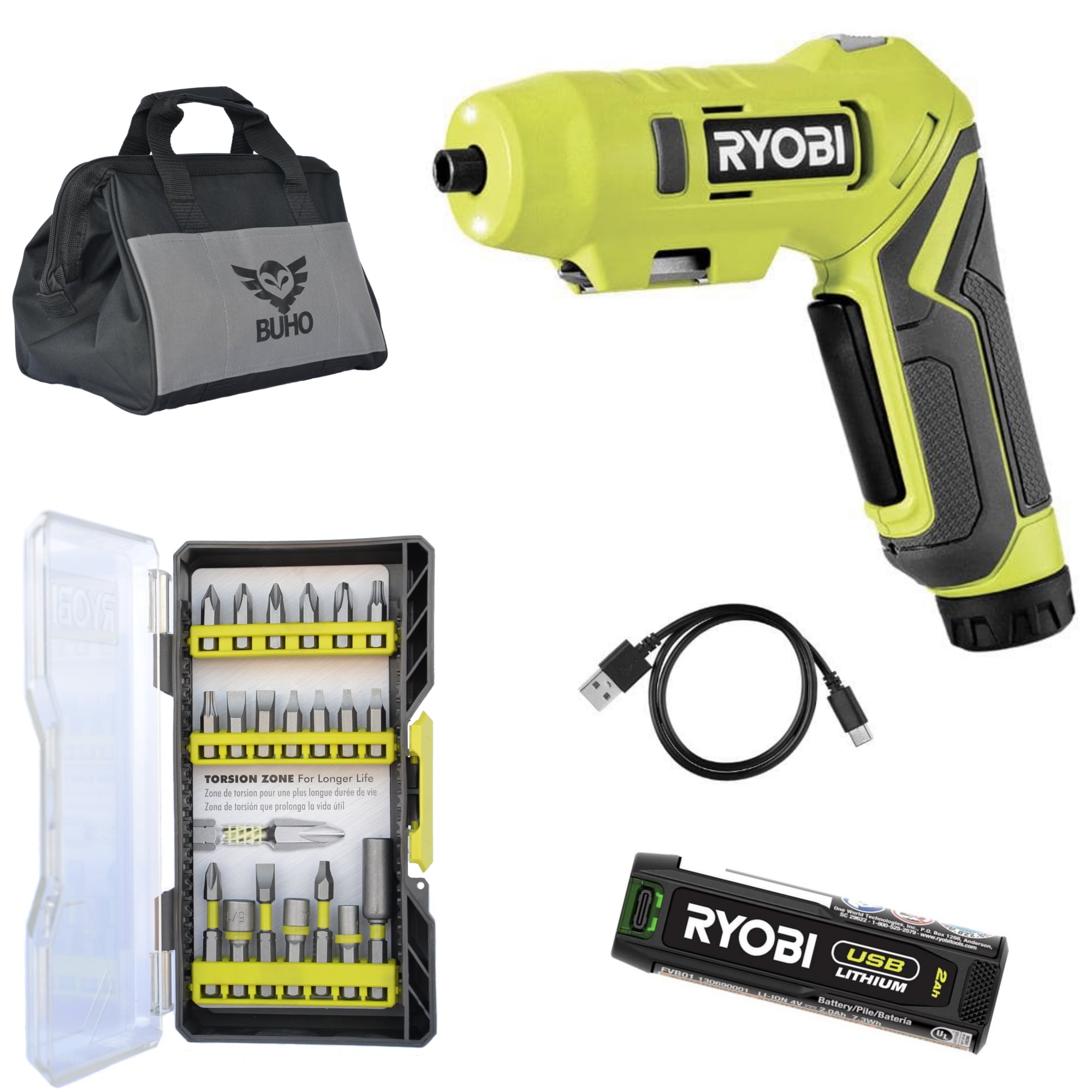 Ryobi USB Lithium Screwdriver Cordless Driver Kit with 4 Volt Rechargeable Battery Drill Bits and Buho Tool Bag Walmart