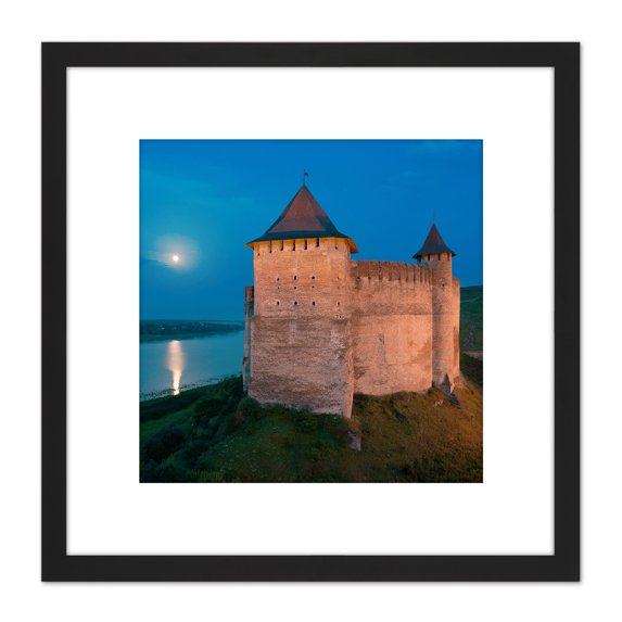 Ryshkov Khotyn Fortress Ukraine Full Moon Photo 8X8 Inch Square Wooden Framed Wall Art Print Picture with Mount