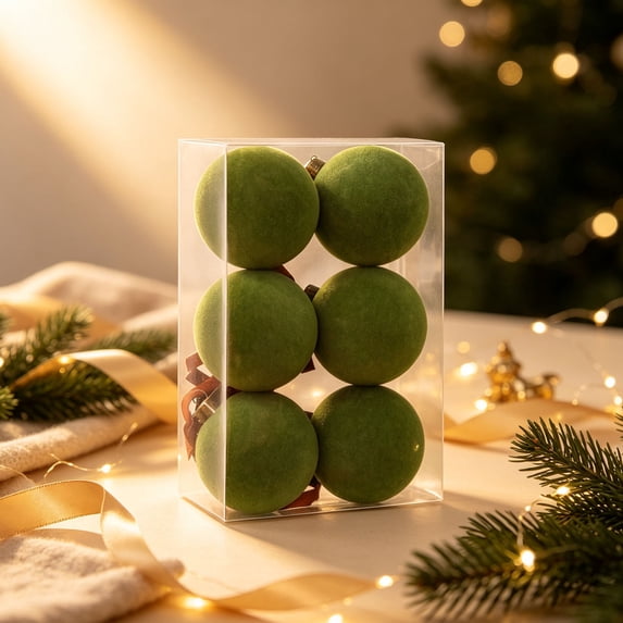 Rysoverian 6 Pack Flocked Christmas Ball Ornaments, Green Velvet Foam Baubles for Tree Wreath Holiday Decoration