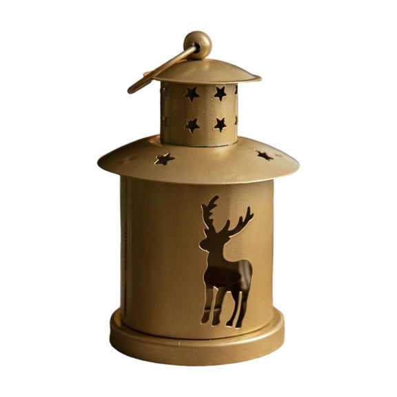 Rysoverian Christmas Candle Holder Vintage Iron Lantern Cottage Shaped with Tree and Deer Cutout Ambient Light for Home Table