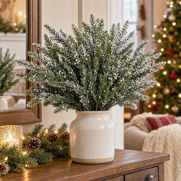 Rysoverian Christmas Cedar Picks White Berry Branches Faux Stems For Wreath Garland Vase DIY Home Table Decor Holiday Floral Arrangement Gift