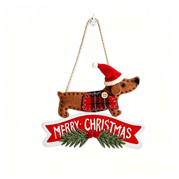Rysoverian Christmas Dachshund Hanging Sign, Wiener Dog with Santa Hat Merry Christmas Door Wall Ornament for Holiday Decor
