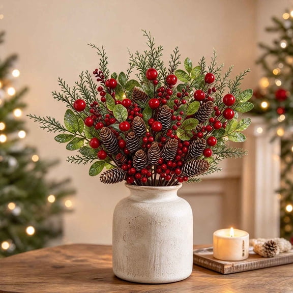 Rysoverian Christmas Frosted Red Berry Pick, 18 Inch Artificial Winter Branch for Vase Wreath Garland Table Holiday Decor