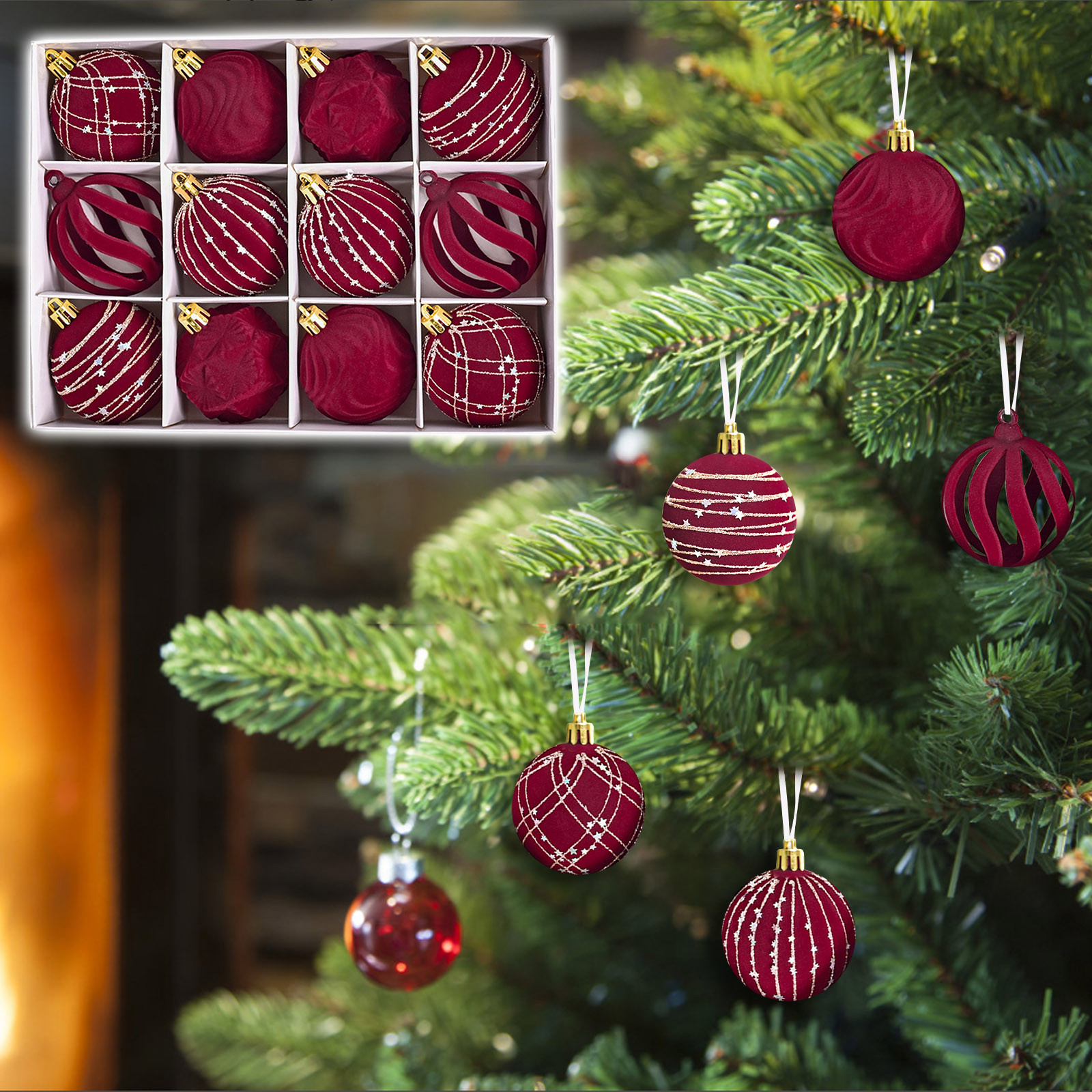 Rysoverian Christmas Tree Ornaments 12 Pcs Flocking Painted Balls Hanging Decor For Holiday Party Xmas Tree Home Decoration Supplies