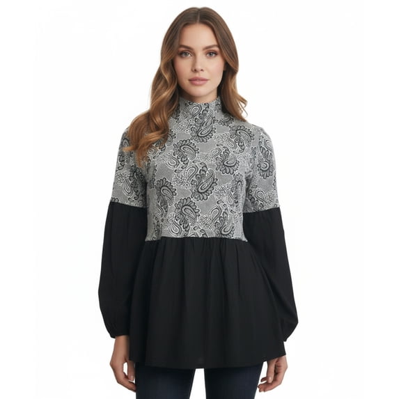 Ryu: Button Back Paisley Print High Neck Blouse