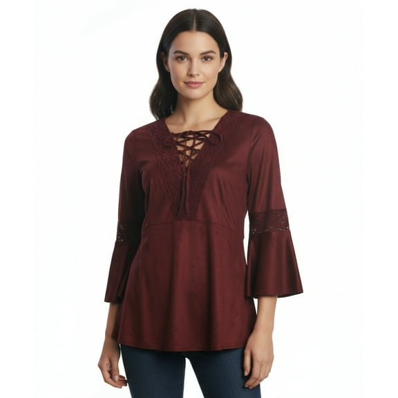Ryu: Lace Detail Faux Suede Top, Burgundy