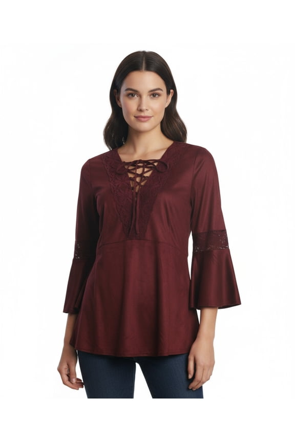 : Lace Detail Faux Suede Top, Burgundy