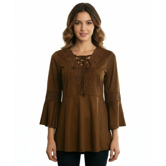 Ryu: Lace Detail Faux Suede Top, Camel