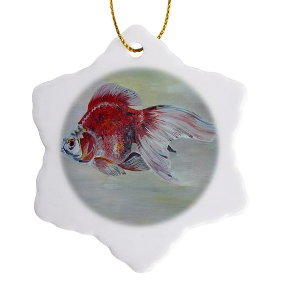 3drose, Ryukin Goldfish - Goldfish, Ryukin,fantail, Fish, Aquarium Fish,fresh Water Fish, Red and White Fish, 3 inch Snowflake Porcelain Ornament