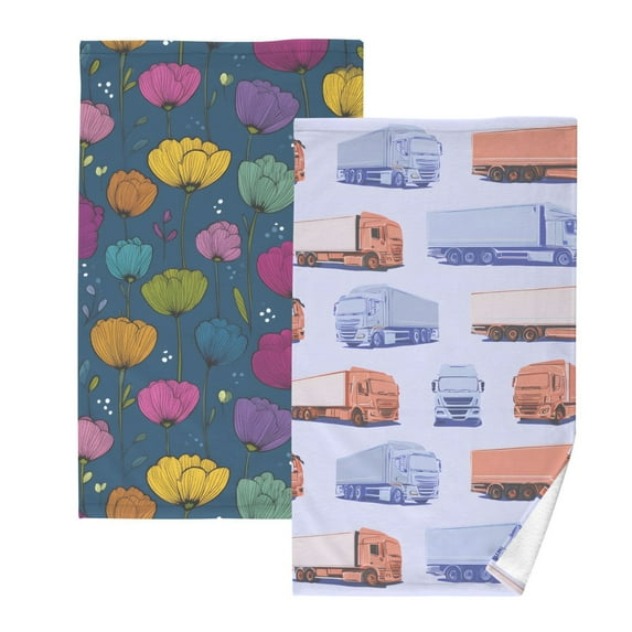 Ryvnso 2 PCs Hand Towels Sets Art Tulip Flowers Cotton Face Towel cartoon Trucks Vehicle-t7