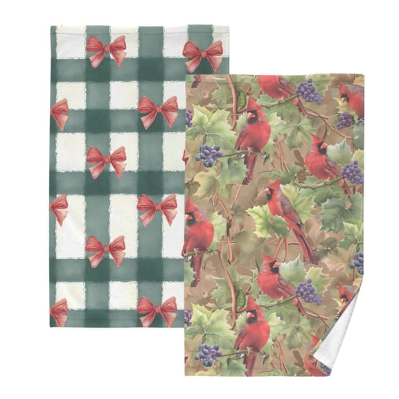 Ryvnso 2 PCs Hand Towels Sets Bows Checkered Christmas Cotton Face Towel cardinal and Grapes