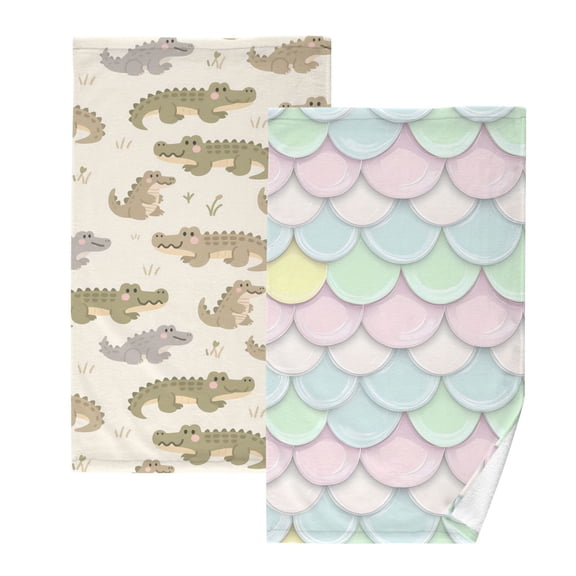 Ryvnso 2 PCs Hand Towels Sets Cartoon Alligators Cotton Face Towel cartoon Scale Pattern